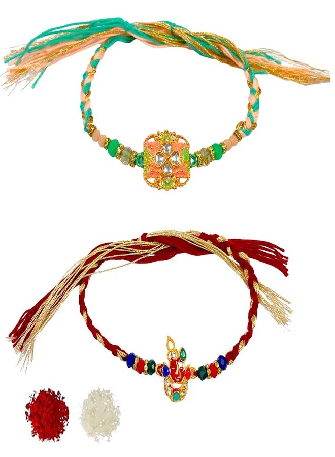 Sesonby Set Of 2 Designer Kundan Rakhi Brother Rakhis For Brother Bhaiya Bhabhi Rakhis Pair RAkhi For Kids Boys RAkhi | rakhi for brother boys bracelet #R-168-320 - Image 1